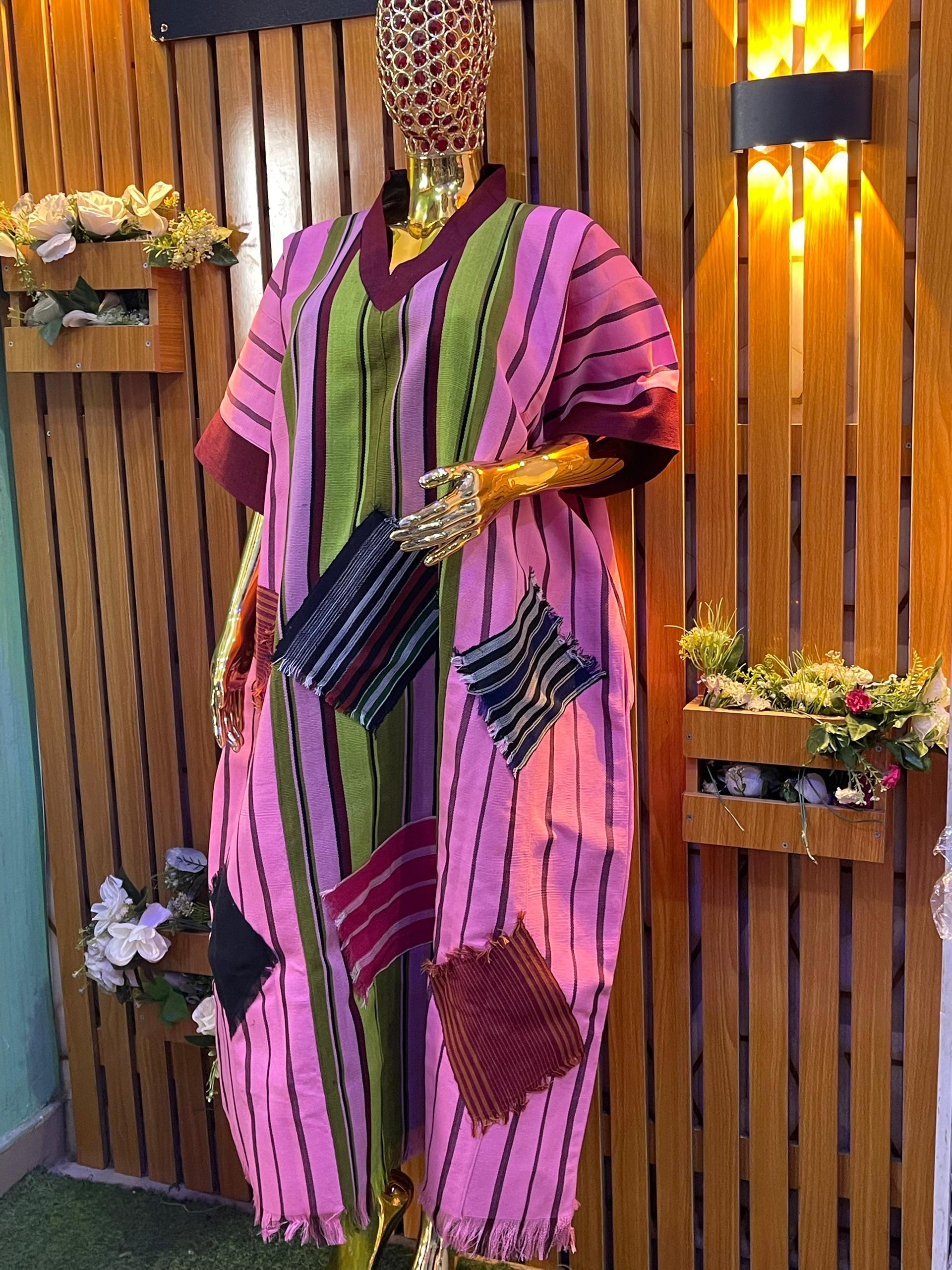 Pink and olive striped kaftan with playful patchwork