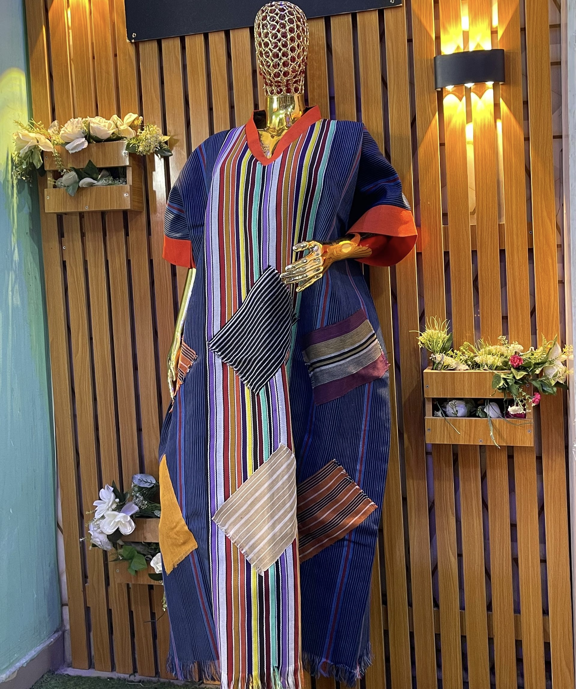 Navy striped kaftan with multicolor patchwork and red accents