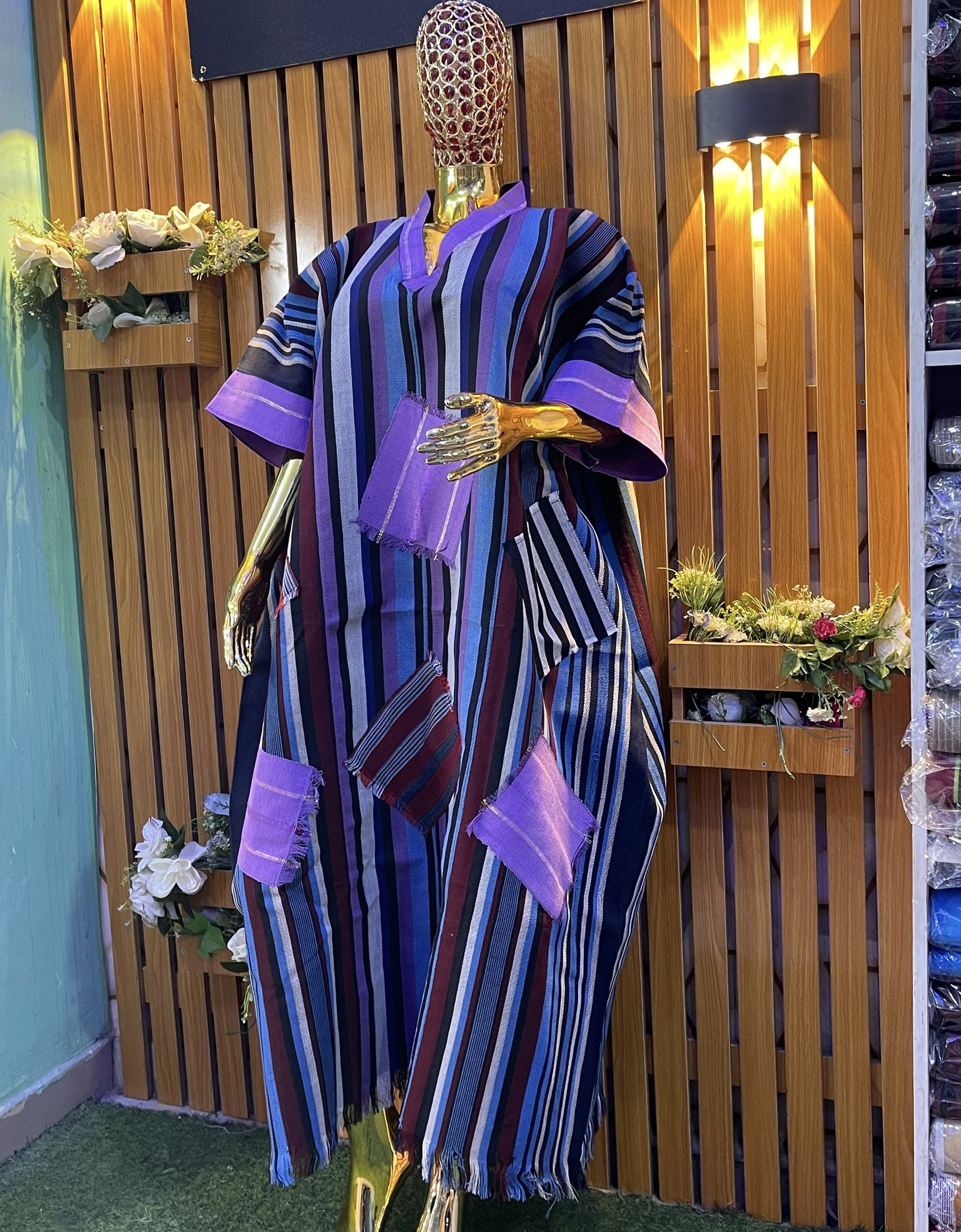 Dark multi-stripe kaftan with purple accent patches