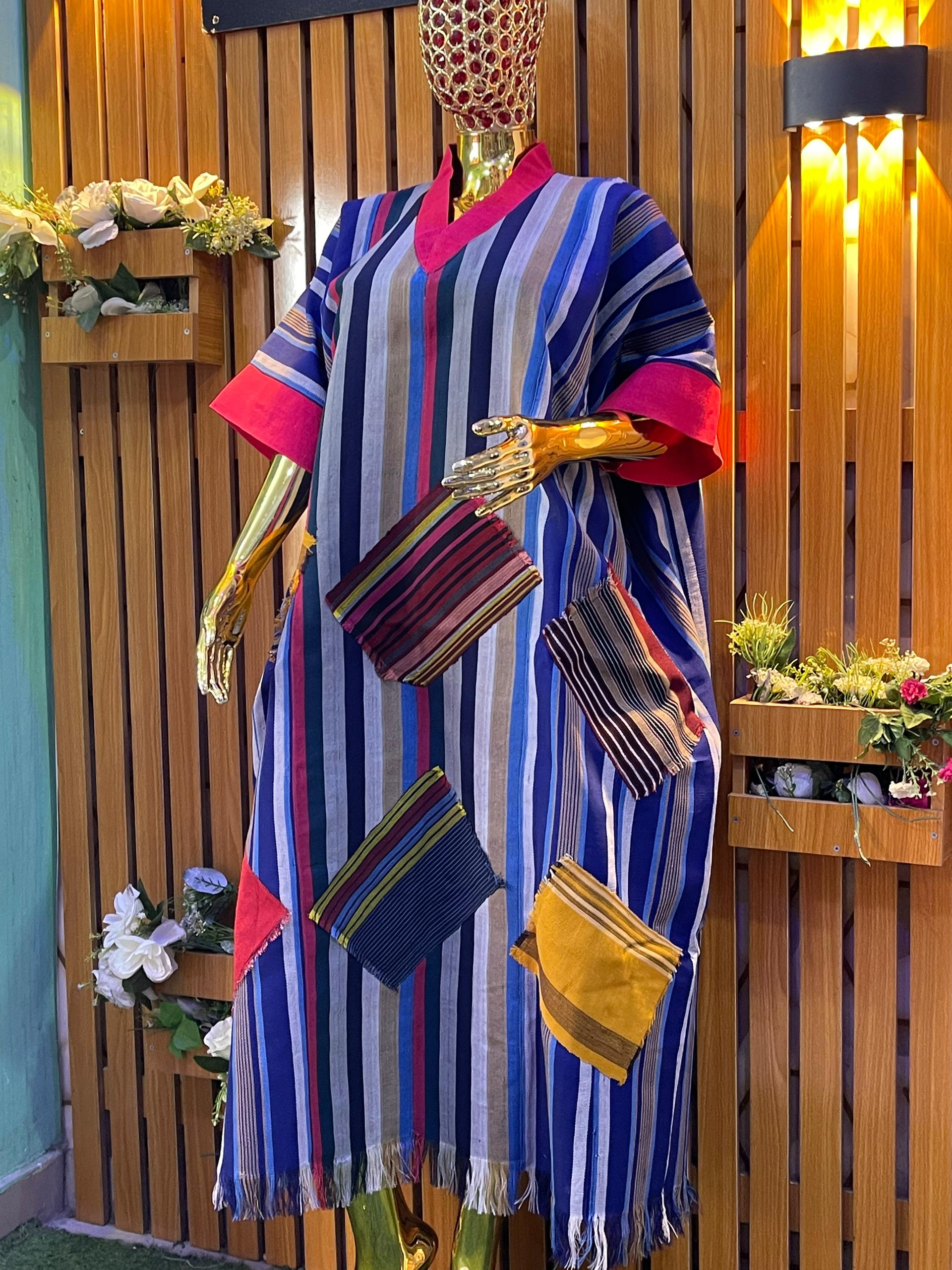 Blue/grey striped kaftan with red collar and multicolor patchwork
