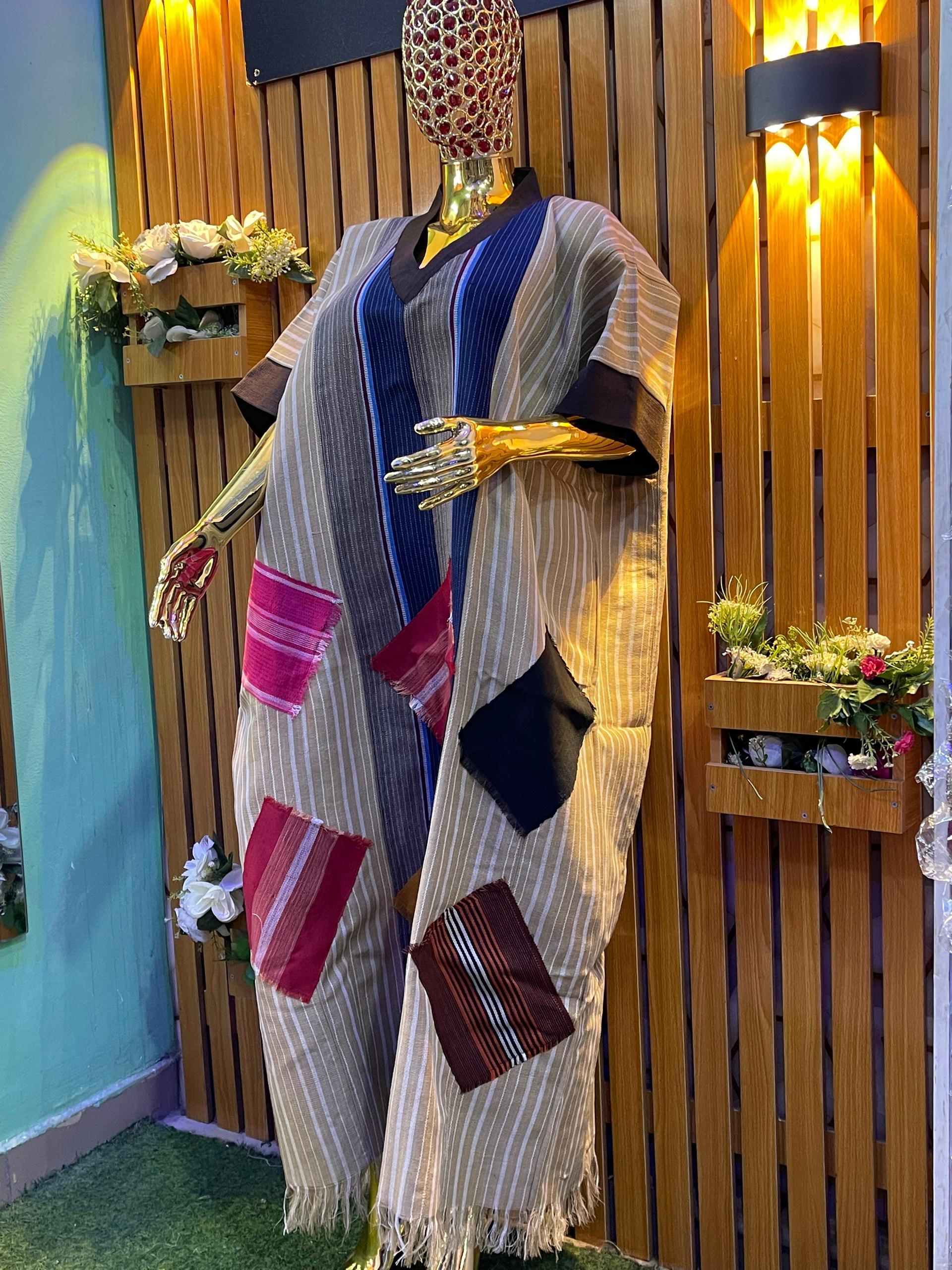 Neutral striped kaftan with crimson and black patch accents